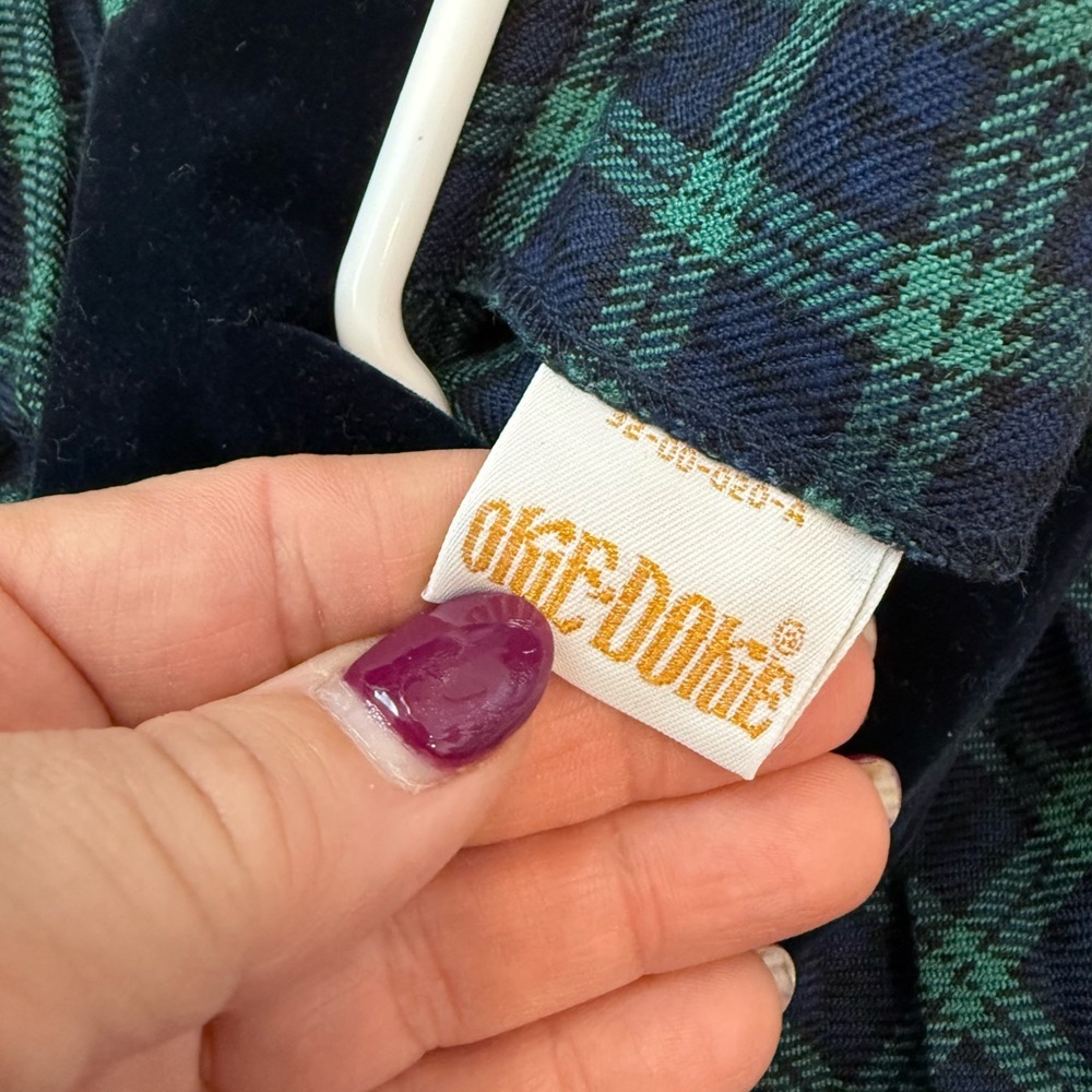 Vintage 80s 90s Girl Plaid Christmas Holiday Dress Collar 12M Velvet Okie Dokie - Picture 3 of 4